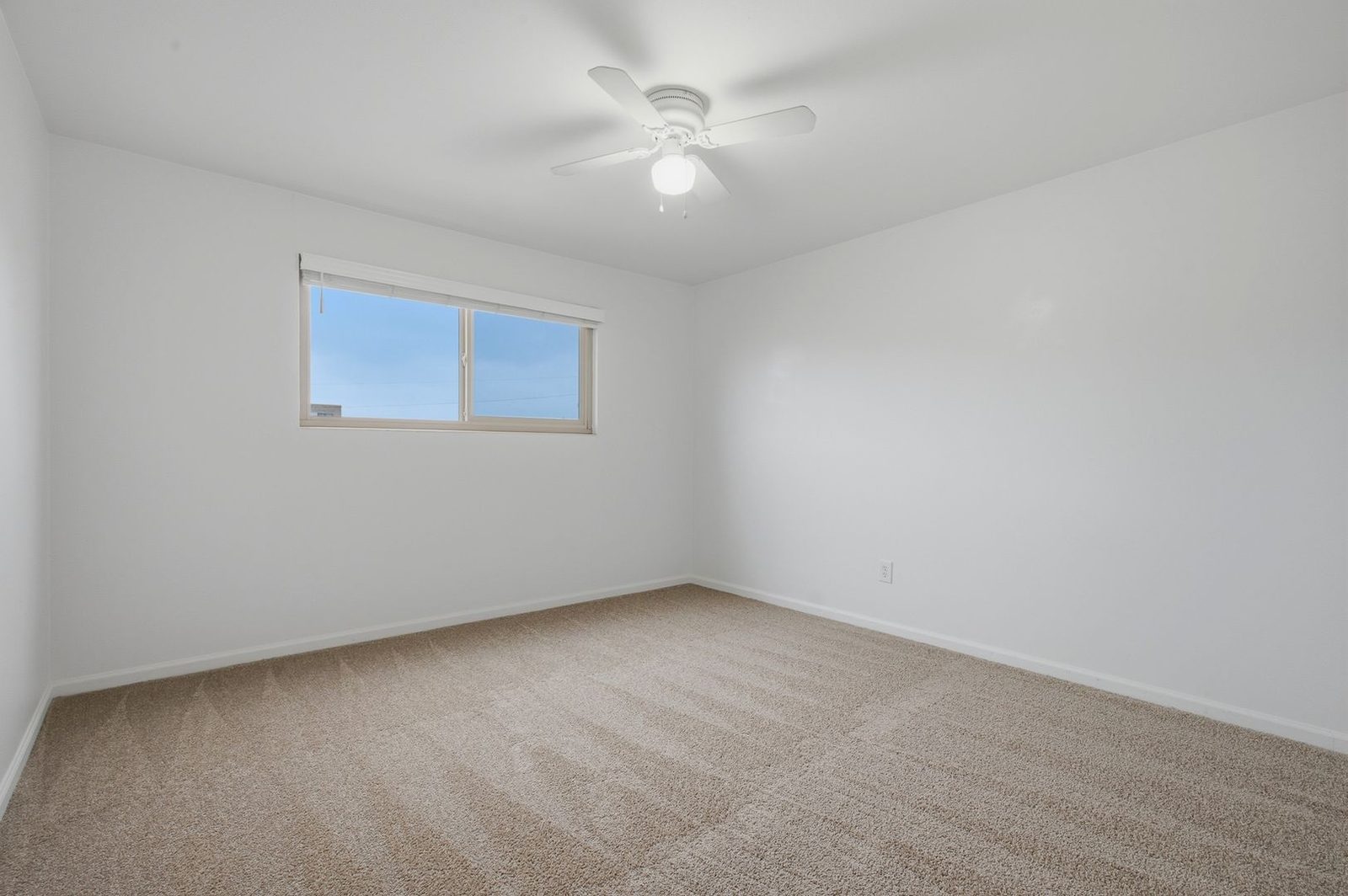 Carpeted bedroom with ceiling fan